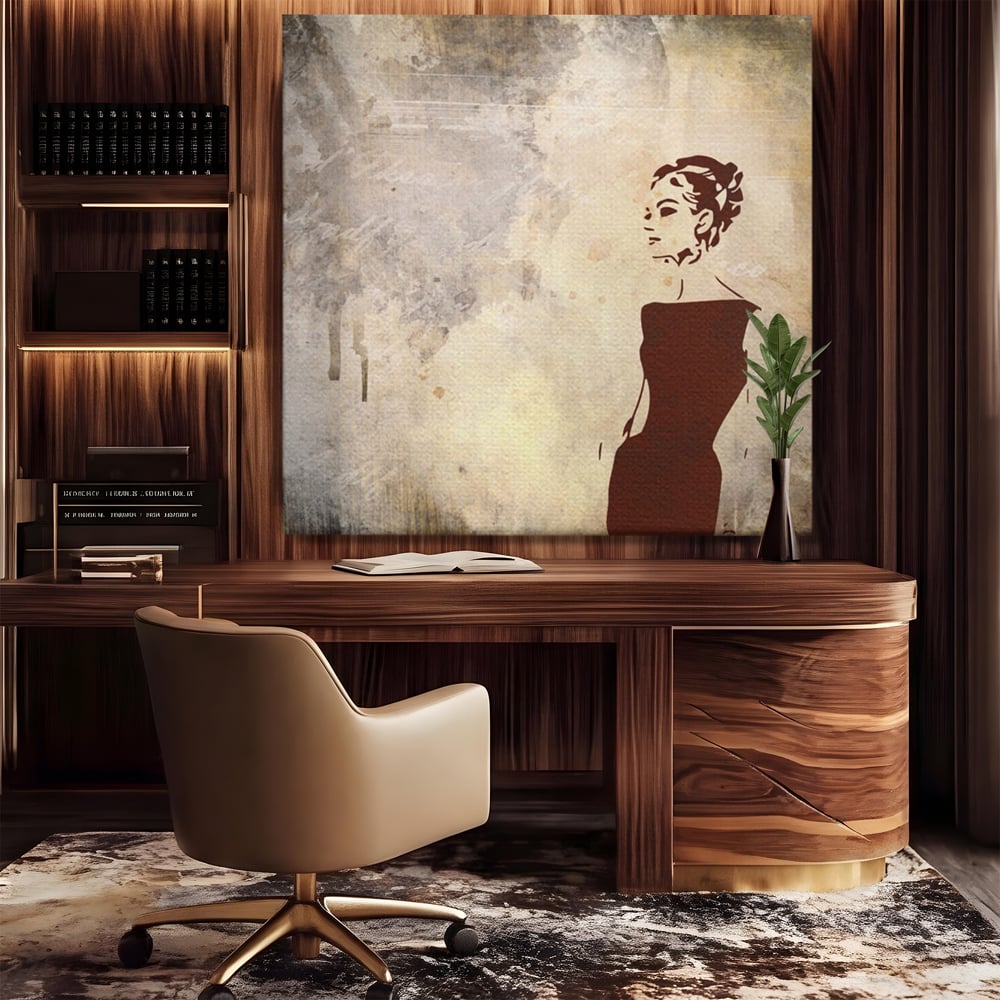 Tablou canvas cu ilustratie cu o femeie in rochie, fara rama, pe sasiu de lemn, pe perete intr-un birou